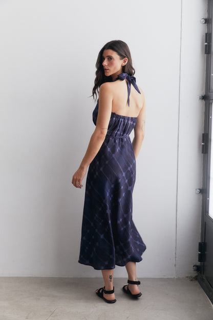 Vestido halter estampado azul marino