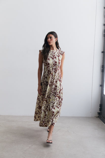 Vestido midi estampado con vivos marrón