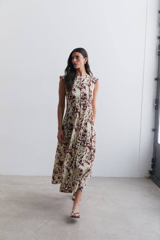 Vestido midi estampado con vivos marrón