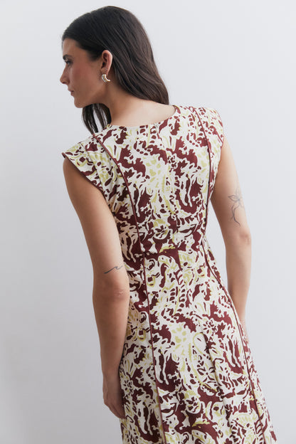 Vestido midi estampado con vivos marrón