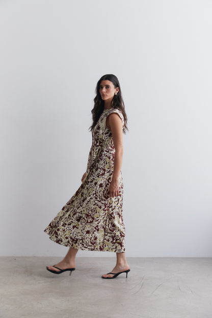 Vestido midi estampado con vivos marrón