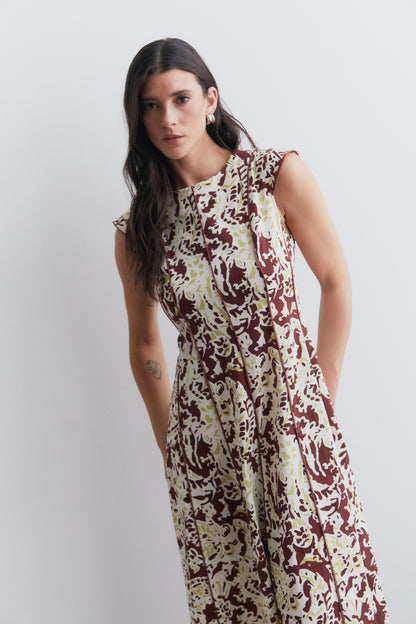 Vestido midi estampado con vivos marrón