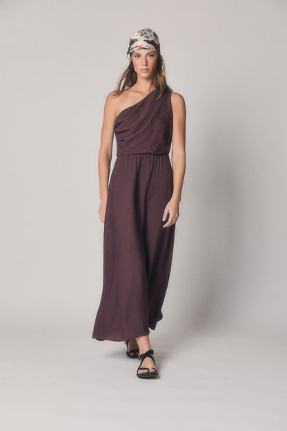 Vestido midi de un hombro berenjena