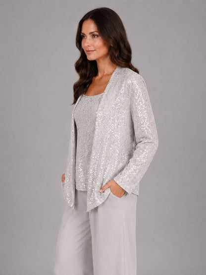 Zelinda | Completo a tre pezzi con giacca aperta in paillettes, top e pantaloni a gamba larga