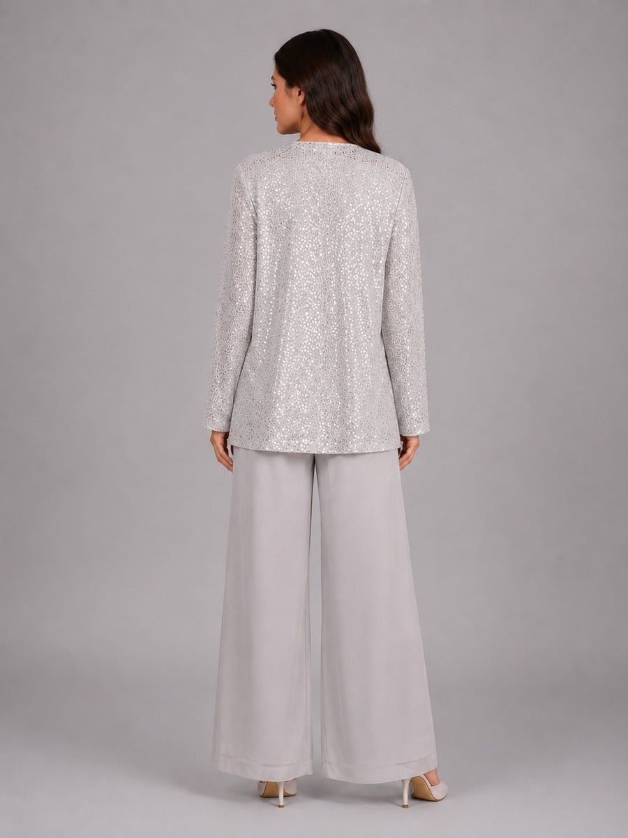 Zelinda | Completo a tre pezzi con giacca aperta in paillettes, top e pantaloni a gamba larga