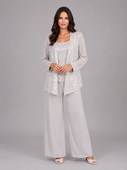 Zelinda | Completo a tre pezzi con giacca aperta in paillettes, top e pantaloni a gamba larga
