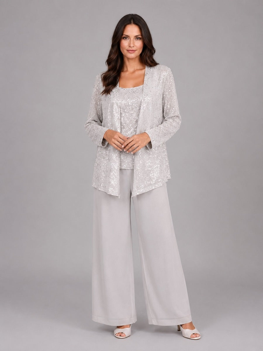 Zelinda | Completo a tre pezzi con giacca aperta in paillettes, top e pantaloni a gamba larga