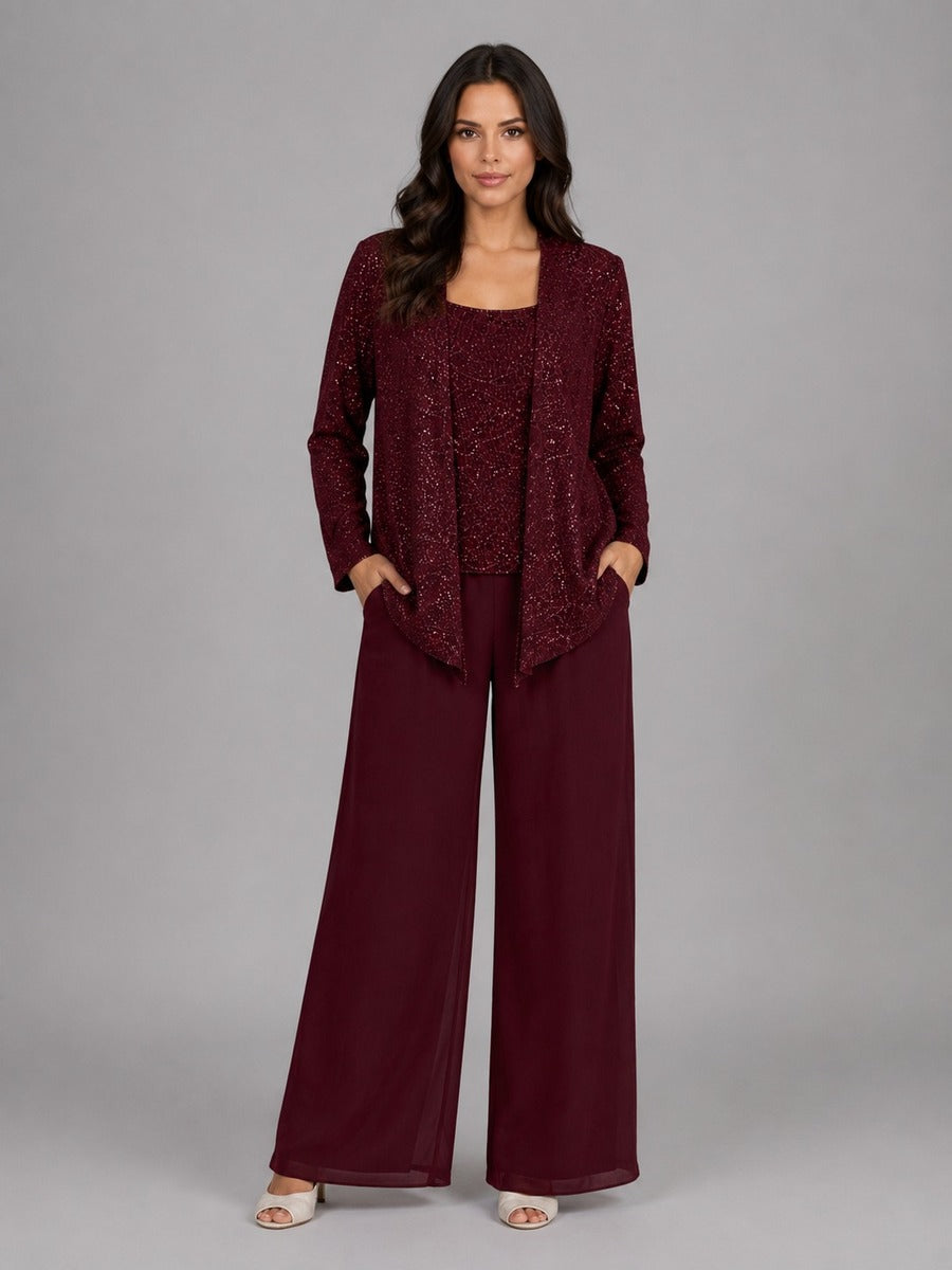 Zelinda | Completo a tre pezzi con giacca aperta in paillettes, top e pantaloni a gamba larga