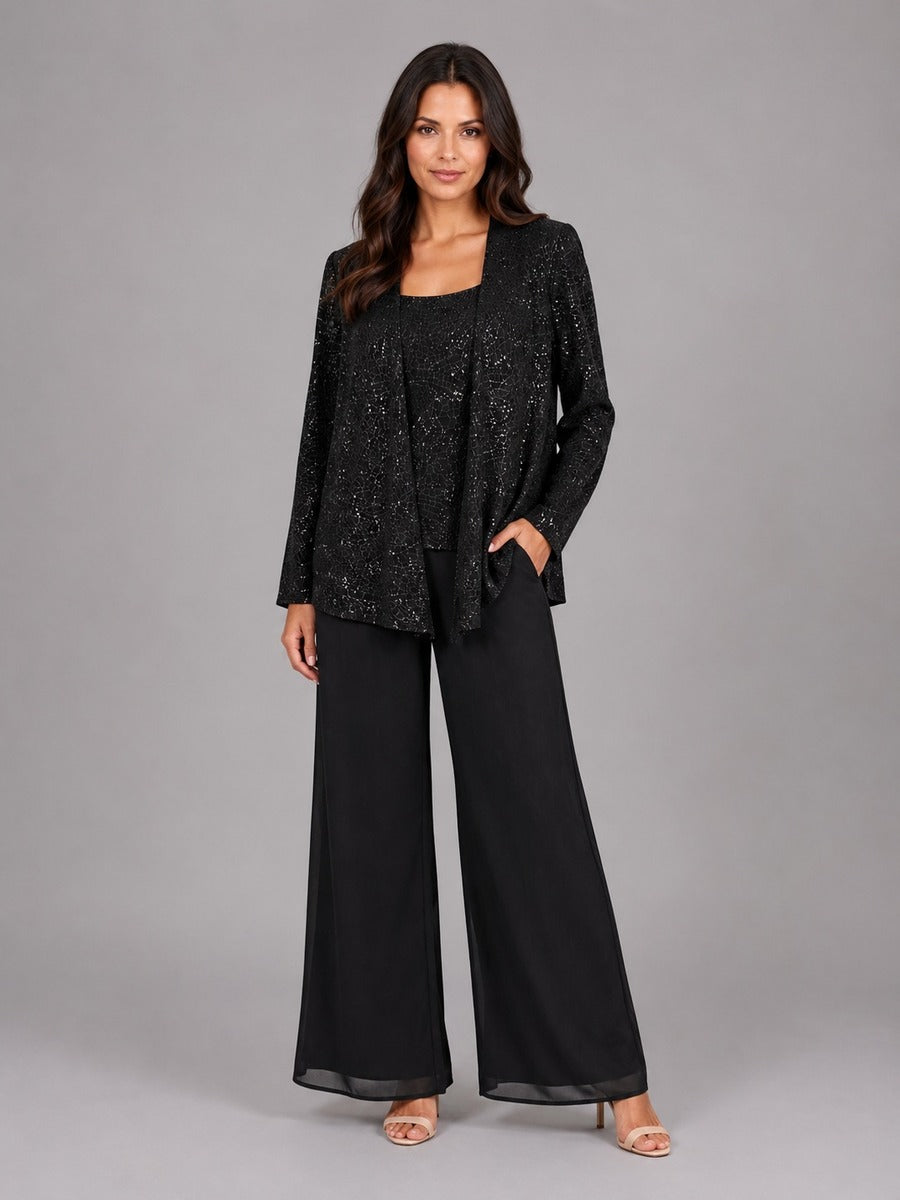 Zelinda | Completo a tre pezzi con giacca aperta in paillettes, top e pantaloni a gamba larga