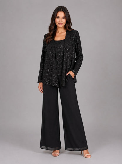 Zelinda | Completo a tre pezzi con giacca aperta in paillettes, top e pantaloni a gamba larga