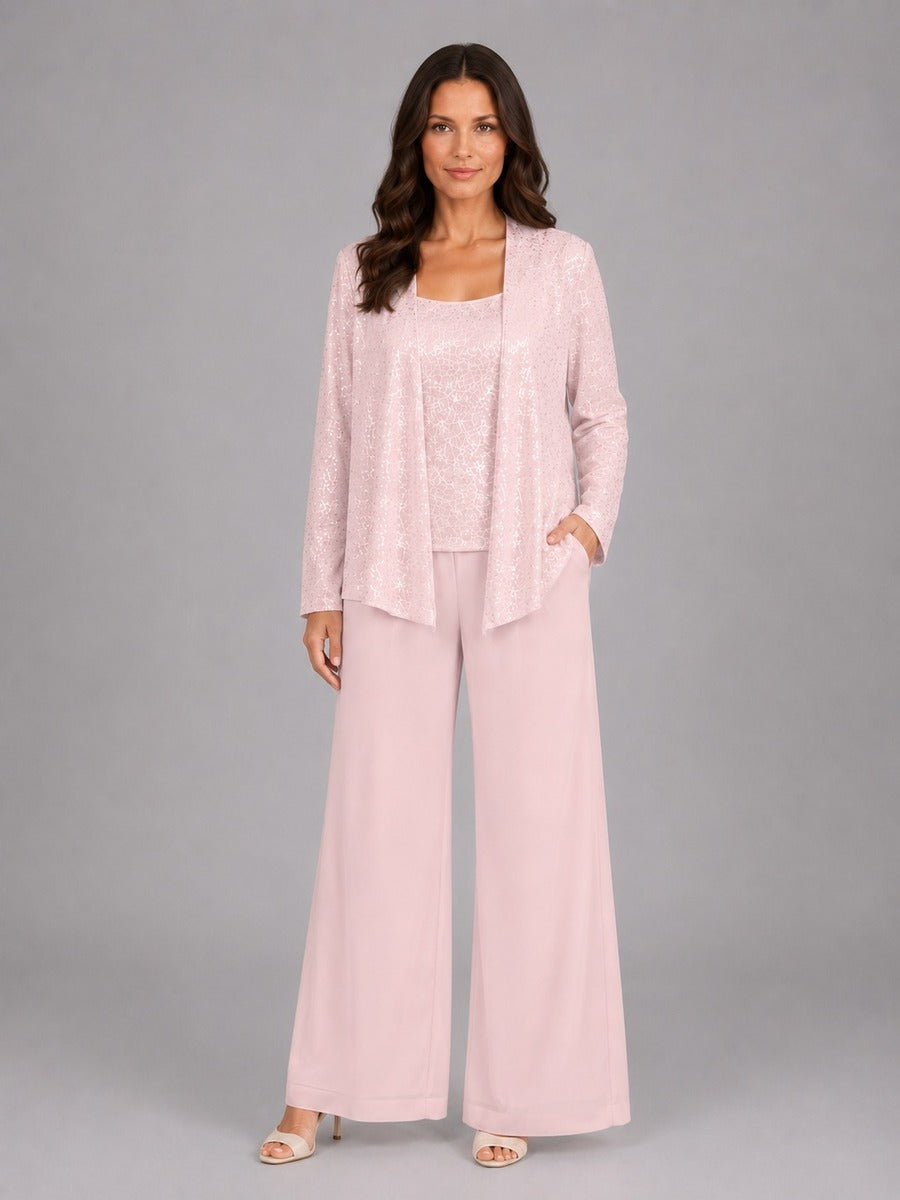 Zelinda | Completo a tre pezzi con giacca aperta in paillettes, top e pantaloni a gamba larga