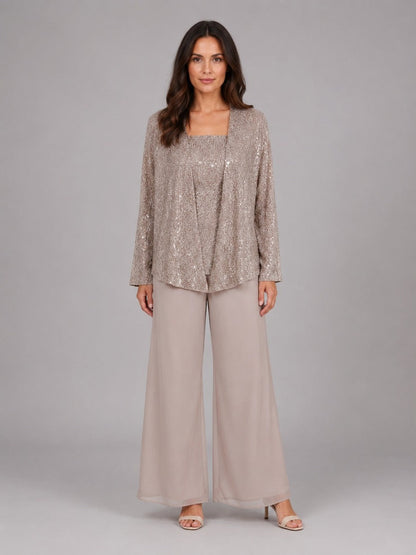 Zelinda | Completo a tre pezzi con giacca aperta in paillettes, top e pantaloni a gamba larga