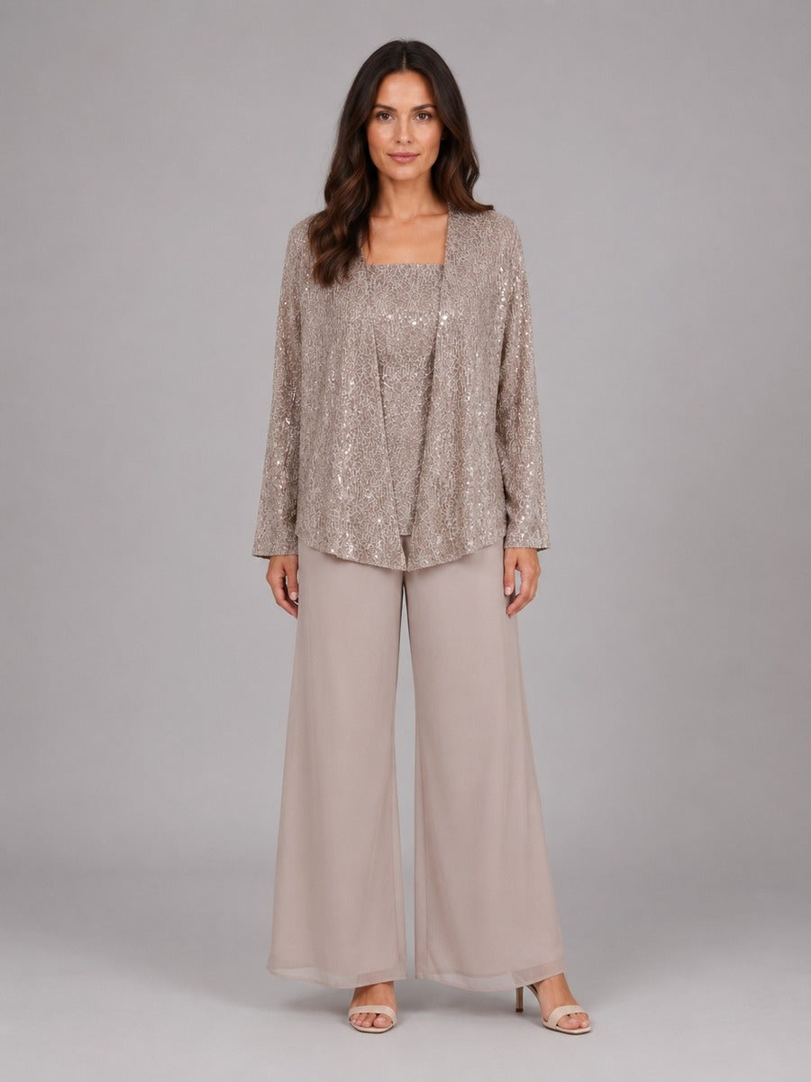 Zelinda | Completo a tre pezzi con giacca aperta in paillettes, top e pantaloni a gamba larga